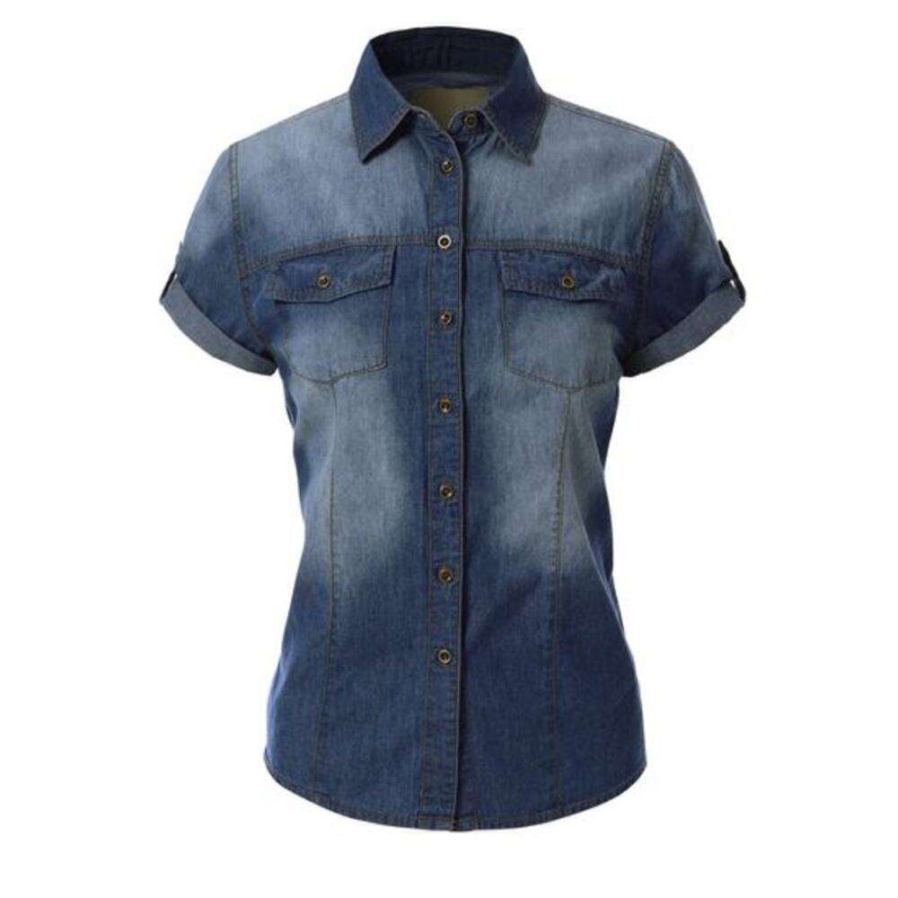 Design By Olivia Women's Classic Short Sleeve Button Down Denim Chambray Shirt